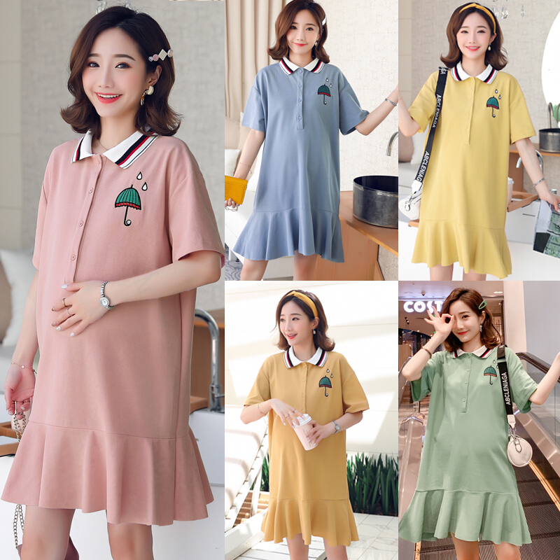 迪鲁奥（DILUAO)!中长款POLO领T恤女短袖夏装孕妇装ins洋气鱼尾裙可哺乳上衣 蓝色 M