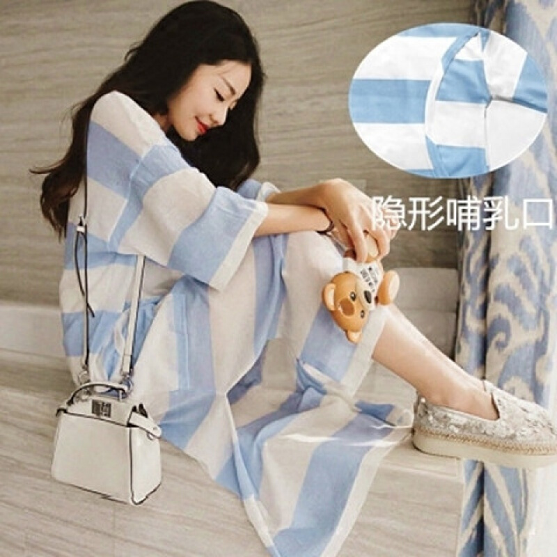 迪鲁奥（DILUAO)大码月子服孕妇睡衣棉布200斤加肥加大春秋季产后哺乳期夏天薄款 短袖蓝条纹哺乳裙 XXXXL