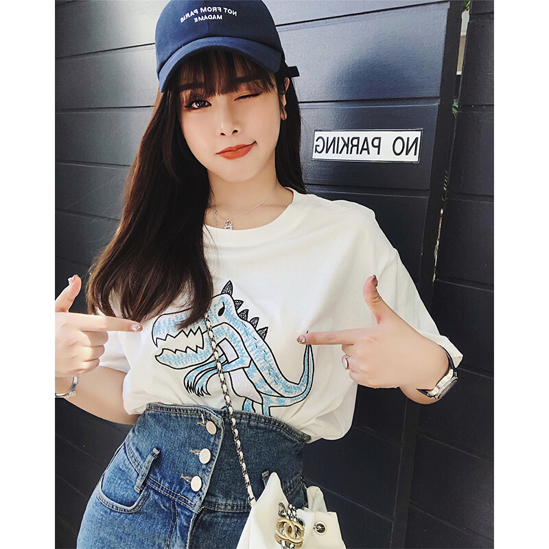 迪鲁奥（DILUAO)哺乳期夏季外出时尚大码母乳衣服潮妈喂奶衣产后短袖T恤上衣_330_182 恐龙款白(横拉链) S