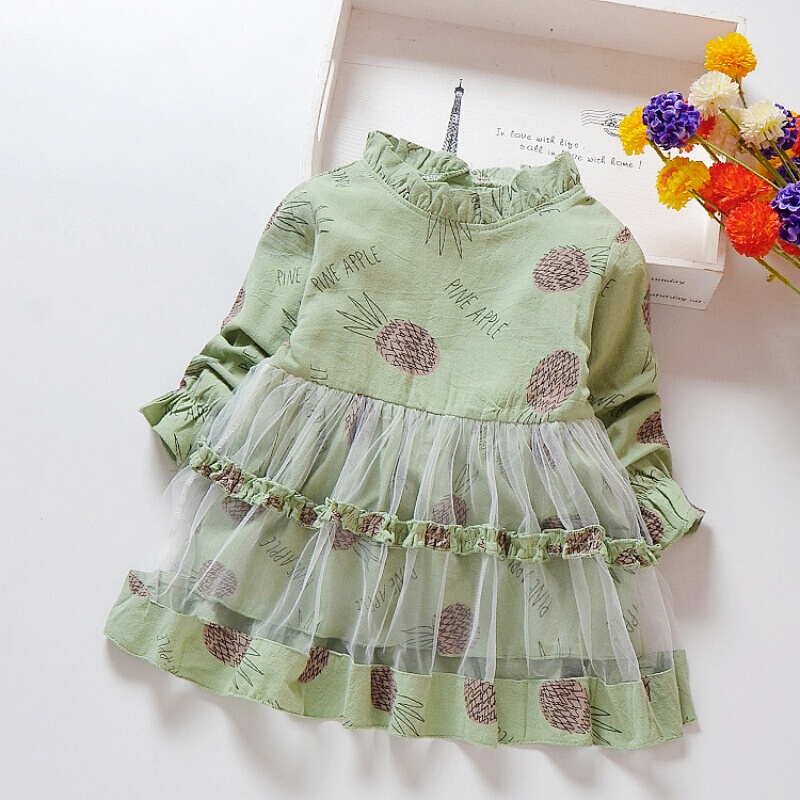 迪鲁奥（DILUAO)女宝宝春2019新款1-2-3-4岁衣服婴儿幼童公主长袖裙子女童连衣裙 长袖菠萝裙绿色 L(95cm)