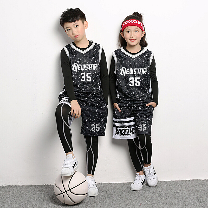 迪鲁奥（DILUAO)儿童篮球服套装男童训练球衣幼儿园小学生速干紧身衣四件套演出服 喷点黑色图案二 XXXS