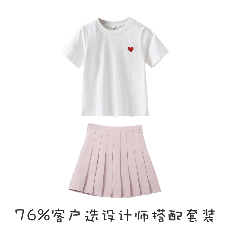 迪鲁奥（DILUAO)2019新款童装女童短裙春女孩百搭白百褶裙子表演儿童四季半身裙Sy 粉色八褶裙+爱心T恤【两件套】 140cm