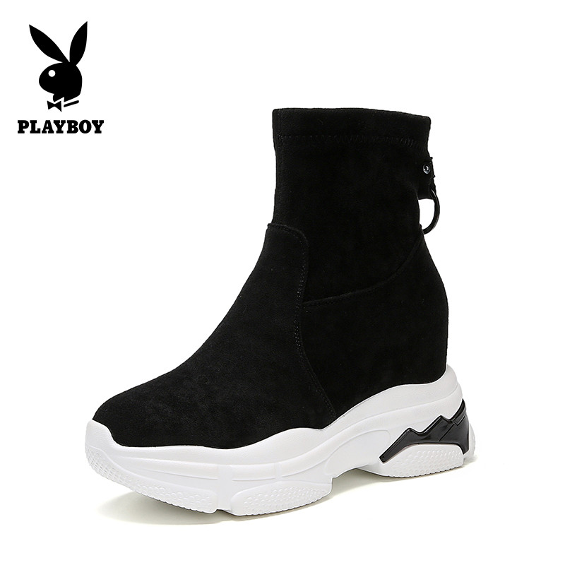 PLAYBOY/花花公子秋冬季加绒纯色休闲简约套脚圆头粗跟时尚网红瘦瘦短靴女W13499265 黑色 37码
