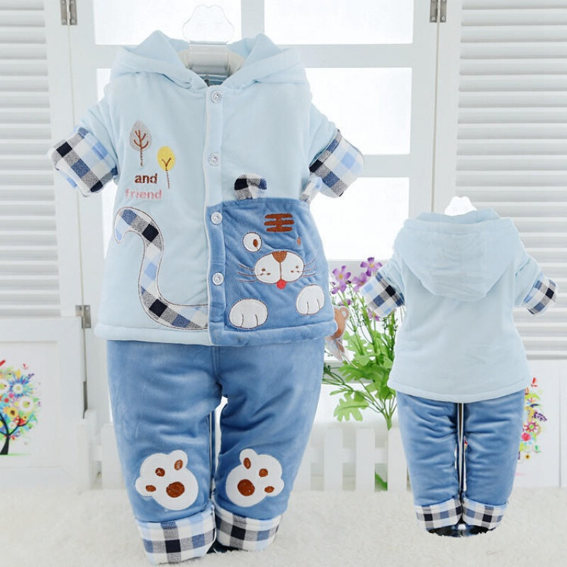 迪鲁奥（DILUAO)2019新款婴儿棉袄棉裤套装满月宝宝棉衣两件套装男女童加厚连帽夹棉初生儿外套儿童外出棉服春秋冬装 开心虎款蓝色 73码建议66至75cm