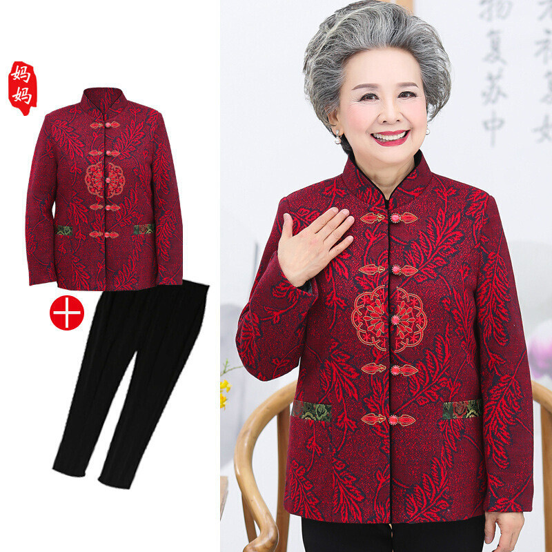 迪鲁奥（DILUAO)高端轻奢中老年人女装秋装外套老人妈妈60-70岁80奶奶春秋衣服太太唐装_967 L(建议80-95斤) 红色(上衣+裤子)