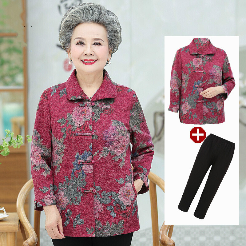 迪鲁奥（DILUAO)高档轻奢中老年人女式春秋衬衣薄款外套时尚妈妈秋装上衣老装奶奶长袖_787 5XL(建议145-155斤) 红色(上衣+裤子)