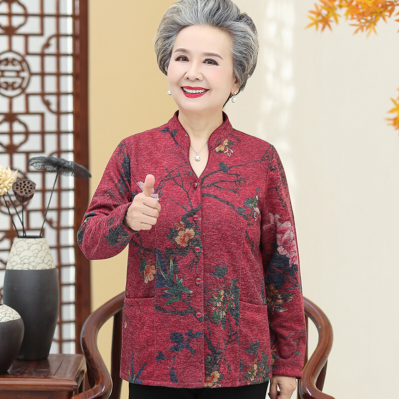 迪鲁奥（DILUAO)妈妈秋装外套奶奶装中老年人女装立领外衣老人衣服中国风婆婆薄款_678 红色上衣 XL(建议105-115斤)
