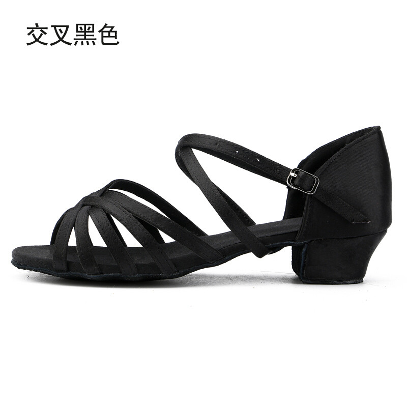 迪鲁奥（DILUAO)拉丁舞鞋儿童女孩交谊舞初学者少儿中跟软底练功舞蹈鞋四季跳舞鞋 交叉黑色 33.