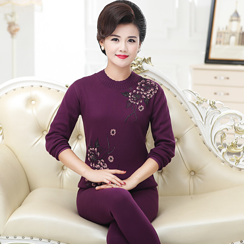 迪鲁奥（DILUAO)妈妈保暖内衣套装加绒加厚中老年码女士全棉高领秋衣秋裤冬季_549 王紫红 XL