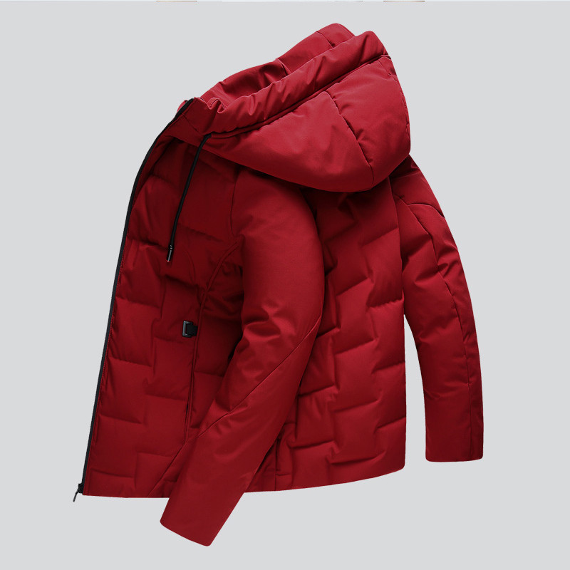 雪中飞羽绒服男短款连帽冬季新款纯色青年休闲加厚白鸭绒外套 185 红色