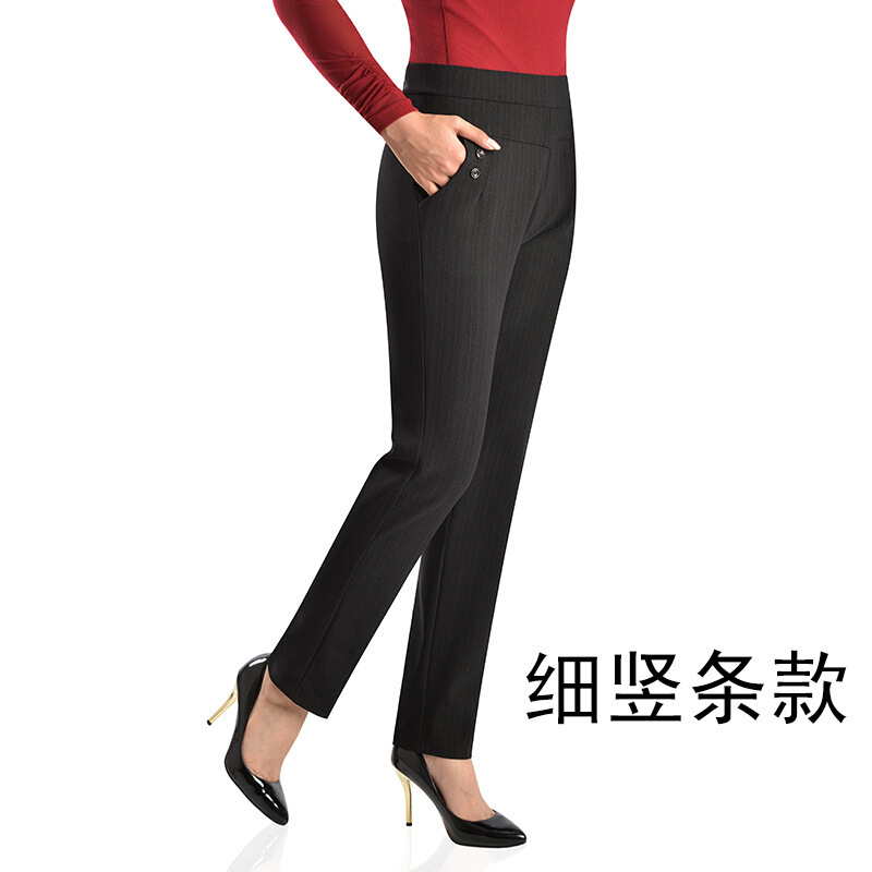 迪鲁奥（DILUAO)同款【品质女装】中老年女裤春秋新款松紧腰休闲裤妈妈裤子长裤高腰宽松老人裤子女_467 XL 细竖条黑底