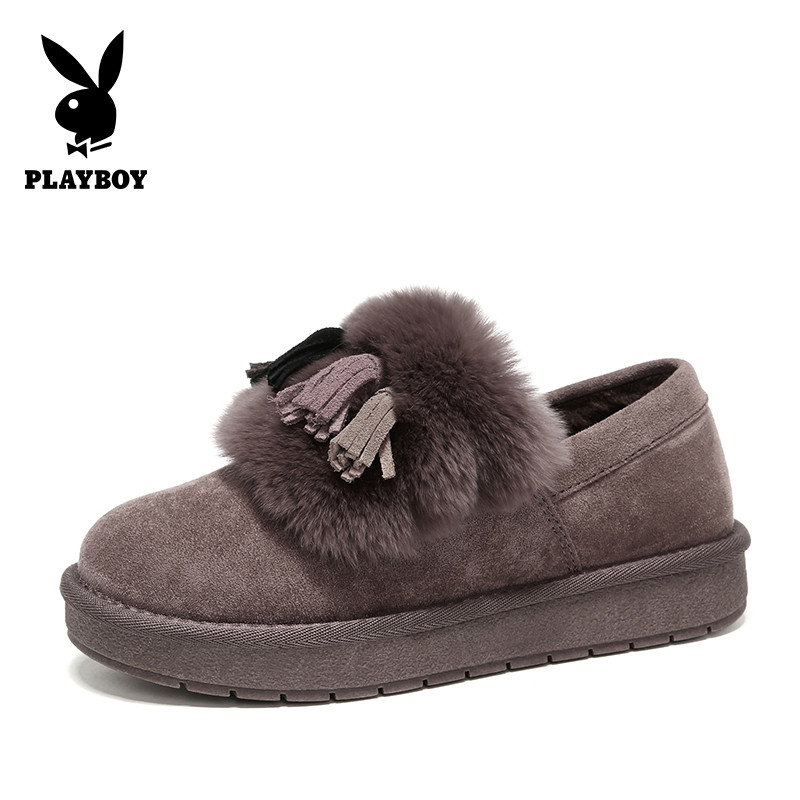 PLAYBOY/花花公子女鞋冬季新款加绒厚底踝靴女毛绒流苏保暖平底雪地靴女J12699248 豆沙色 38码