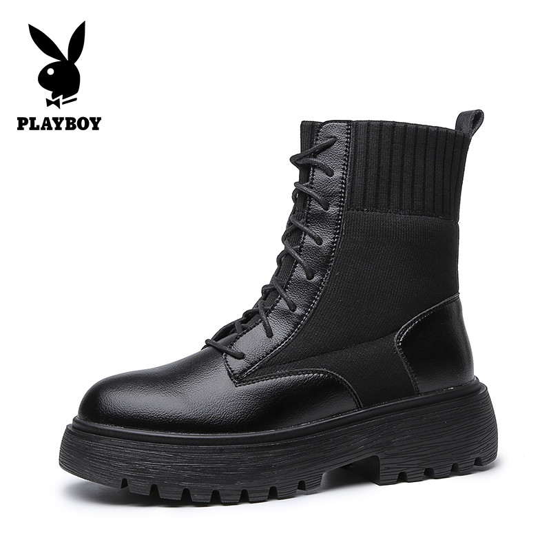 PLAYBOY/花花公子秋冬季加绒休闲韩版圆头系带设计粗跟时尚网红马丁机车短靴女K11199270 黑色 37码