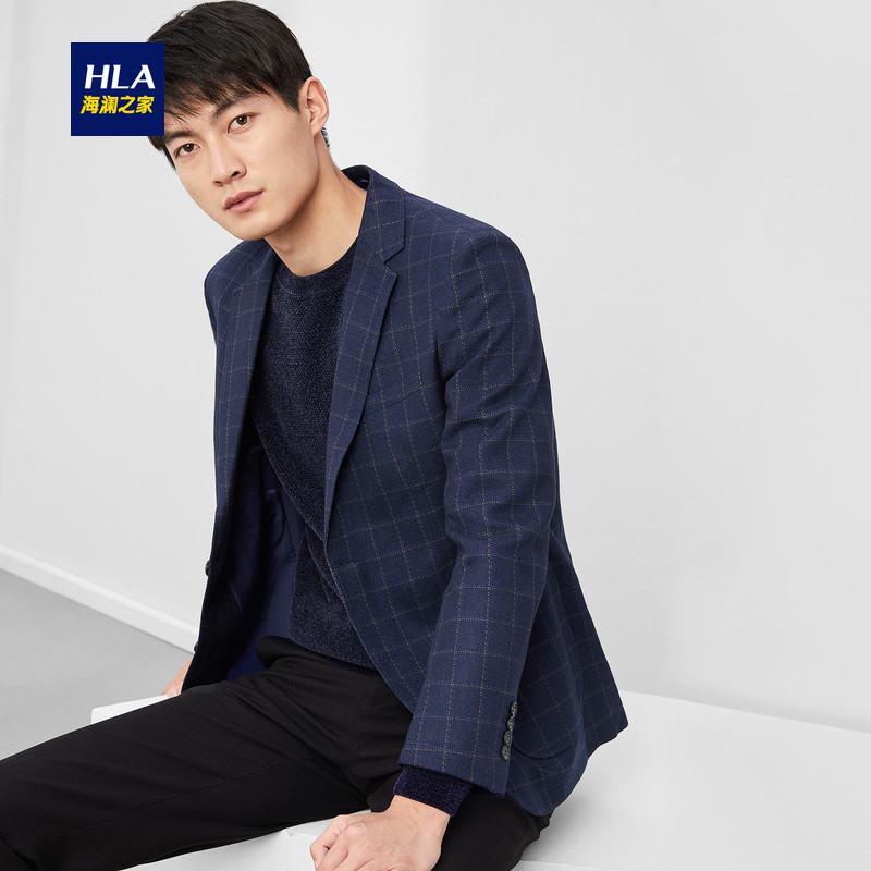 HLA 海澜之家平驳领休闲西服2019秋季时尚格纹单西外套男HWXAD3R147A 藏青格纹E7 165/84Y