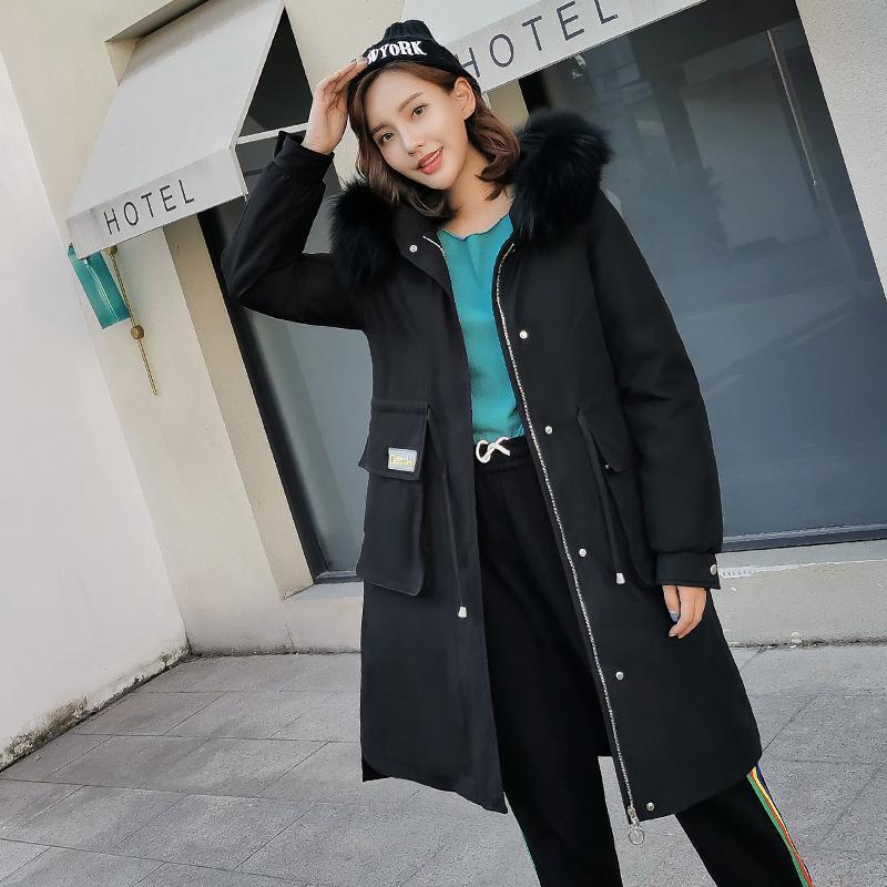 雪中飞2019新款羽绒服女时尚真毛领中长款白鸭绒外套冬季 黑色 165/88A