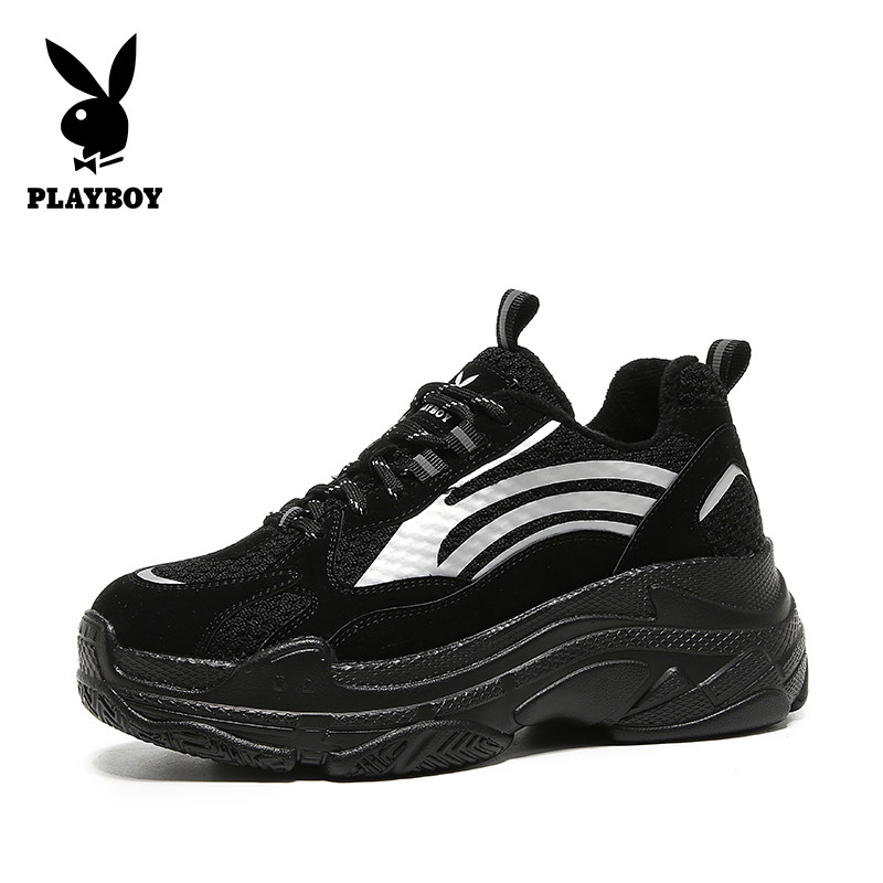 PLAYBOY/花花公子秋冬季加绒拼色厚底运动鞋增 高老爹鞋ins透气休闲鞋潮鞋W11199280 黑色 37码