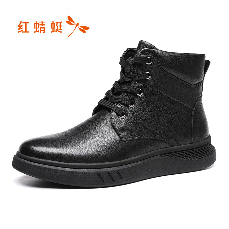 红蜻蜓男鞋2019冬季新款头层牛皮休闲系带马丁靴加绒保暖厚底棉鞋 黑色 43码