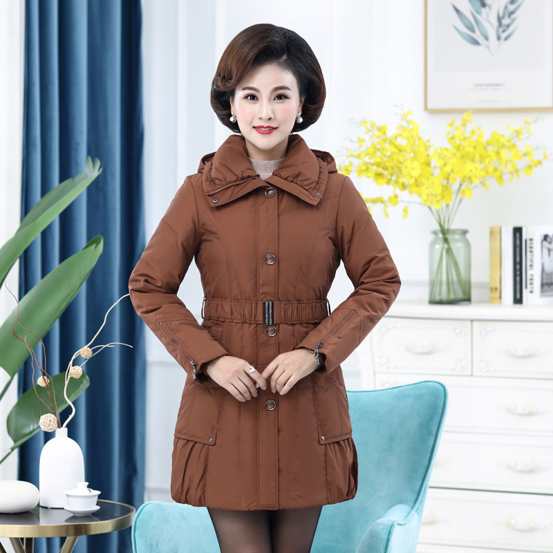 雪暖2019新款品牌大码妈妈装中老年女士羽绒服中长款修身收腰显瘦 165 深黄