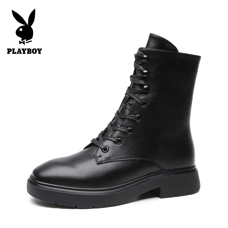 PLAYBOY/花花公子秋冬季加绒休闲简约圆头系带设计粗跟时尚网红马丁机车短靴女K13399281 黑色 37码