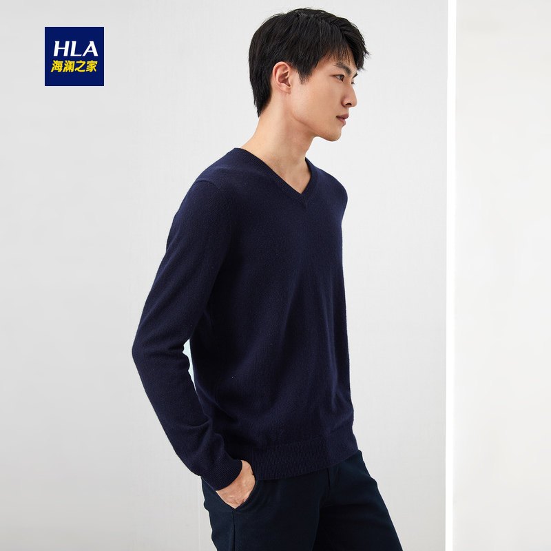 HLA海澜之家简约净色套头衫2019冬季时尚休闲羊绒衫男 HNZRJ4R016A 藏青18 180/96A/XL