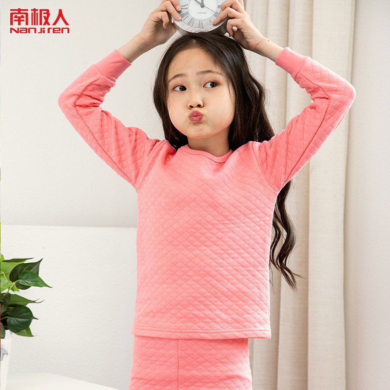 南极人NanJiren儿童男女童三层棉质睡衣秋冬季长袖套装小孩女孩子公主宝宝家居服T71001 【圆领-女-西瓜红】 【160cm】