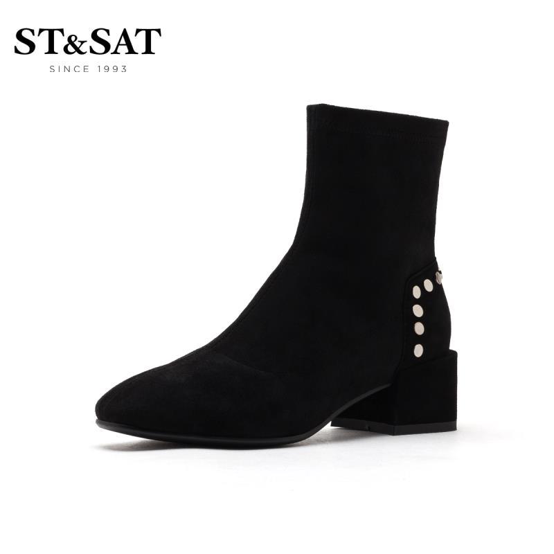 星期六(ST&SAT)2019秋冬新品粗跟时装靴瘦瘦靴女靴短靴SS94116325 11土黑 36码