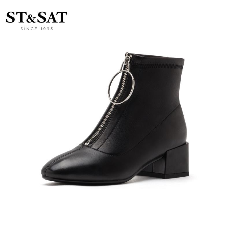 星期六(ST&SAT)新款粗跟靴前拉链时装靴女短靴SS94116419 10黑色 37码