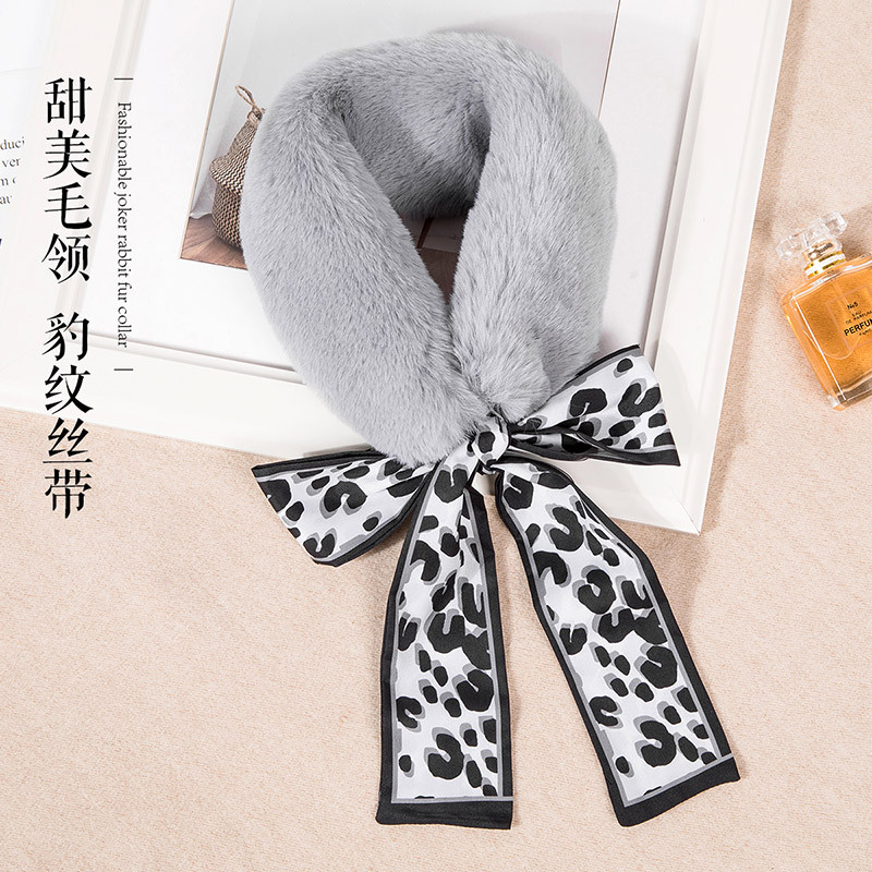 宏达HONDAR 新品时尚小豹纹丝巾系带毛绒仿皮草保暖女款围脖围巾WB348A 灰色