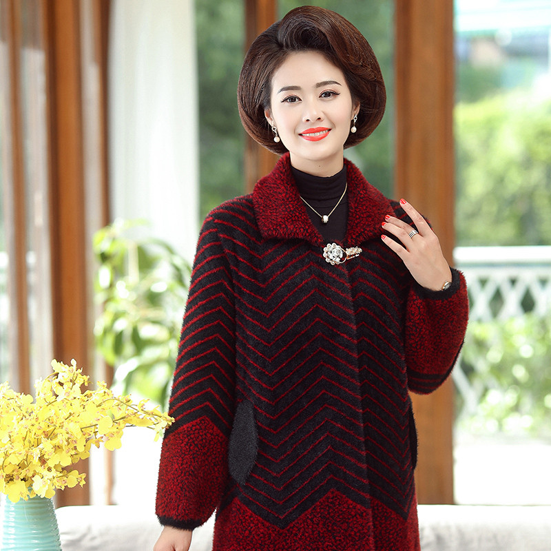 蓝旗2019新款小个子妈妈秋冬装仿水貂绒外套中老年短款贸易开衫大衣 红色 2XL