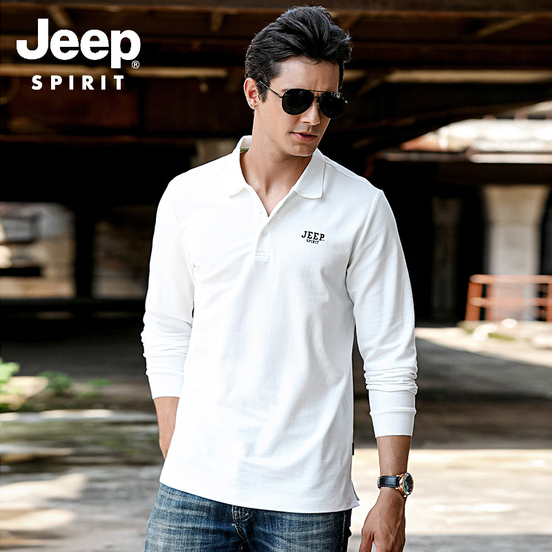 JEEP/吉普2019秋装新款纯色T恤男翻领打底衫商务休闲男装FSM XXXL 白色