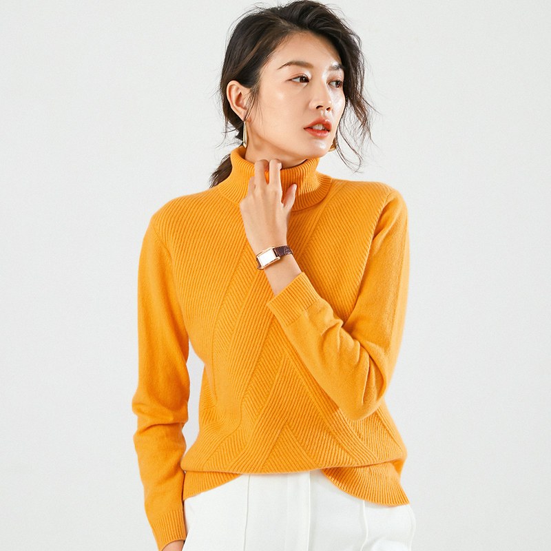 恒源祥两翻领纯色羊绒衫女装2019秋冬保暖打底毛衣外穿时尚针织衫 175/96A 黄色