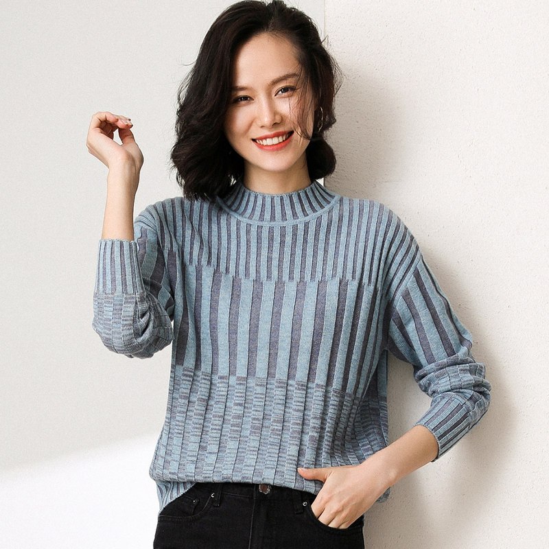 恒源祥半高领羊毛衫女秋冬竖条纹撞色针织衫正反针套头落肩袖毛衣 160/84A 浅兰