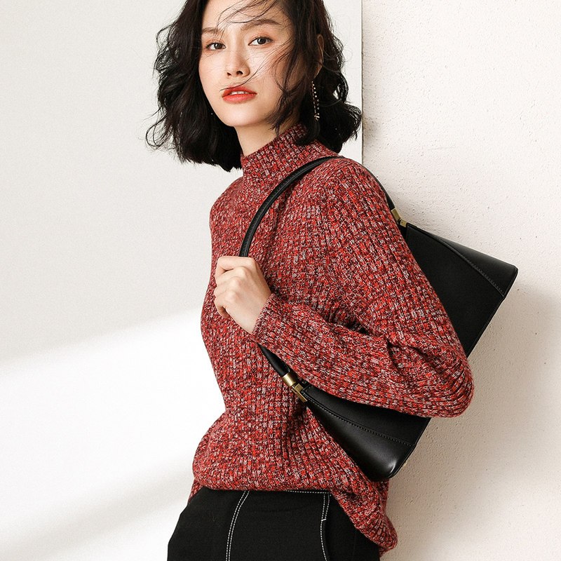 恒源祥半高领羊毛衫女秋冬复古花纱套头厚毛衣2019新款抽条针织衫 165/88A 橙红