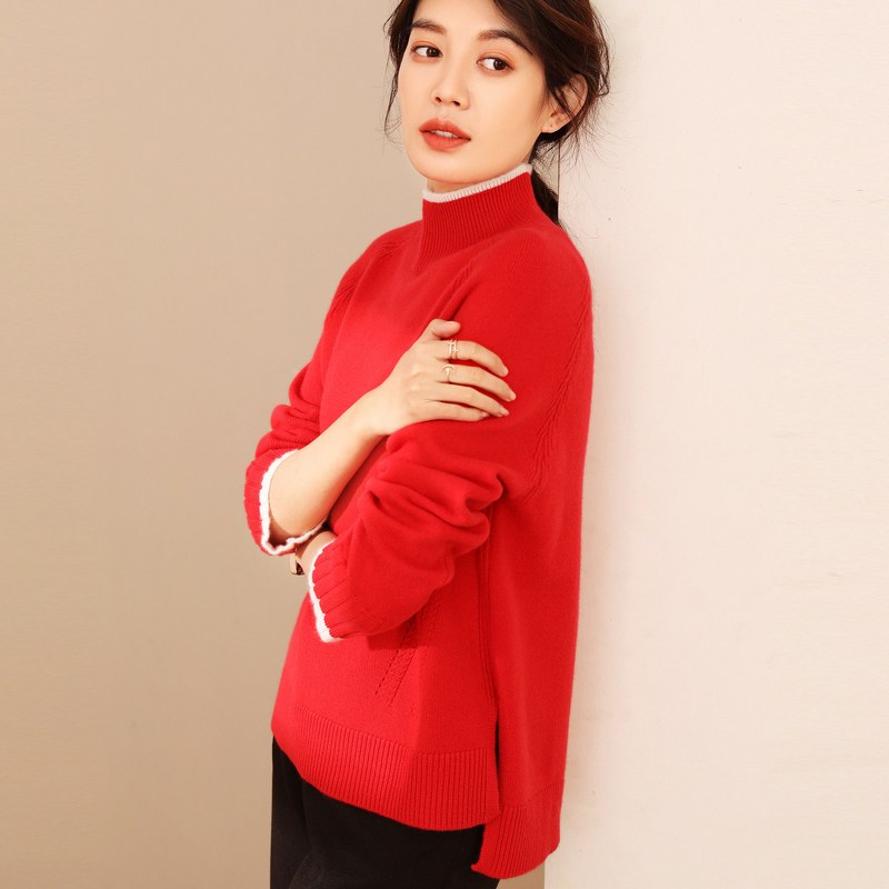 恒源祥19秋冬全羊绒衫女士撞色条纹配边针织衫前短后长侧开叉毛衣 170/92A 大红