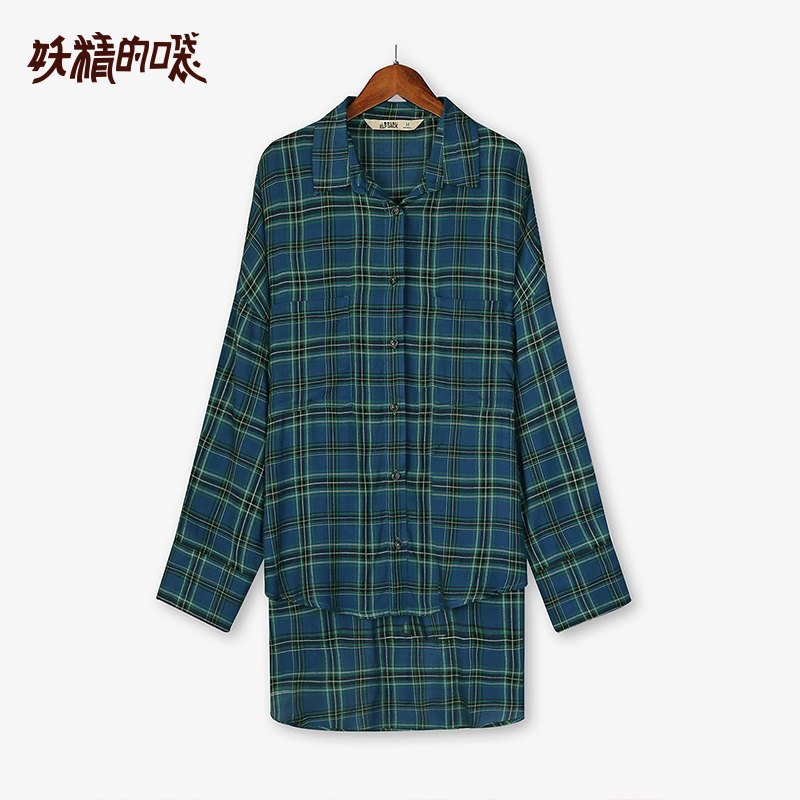 妖精的口袋衬衫女设计感小众2019秋季新款女韩版束腰长款格纹上衣 M 蓝绿小调色