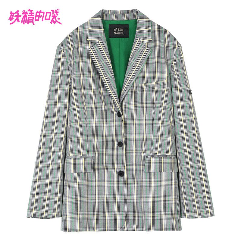妖精的口袋英伦风复古格子西服2019秋季新款女中长款小西装外套潮 XL 学院格子色