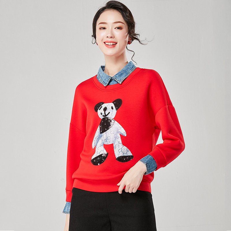 欧昵雪秋装牛仔翻领珠片绣小熊卫衣女套头宽松假两件上衣 M 红色