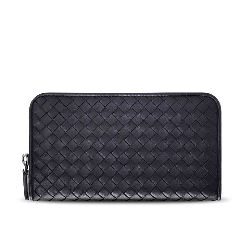 Bottega Veneta/葆蝶家 女钱包羊皮经典编织长款拉链钱夹 114076 蓝黑色