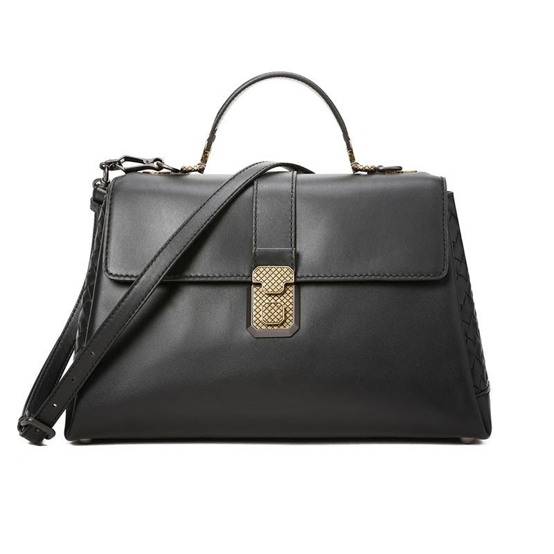 Bottega Veneta/葆蝶家 女包Piazza牛皮编织锁扣手拎斜挎包 489509 黑色