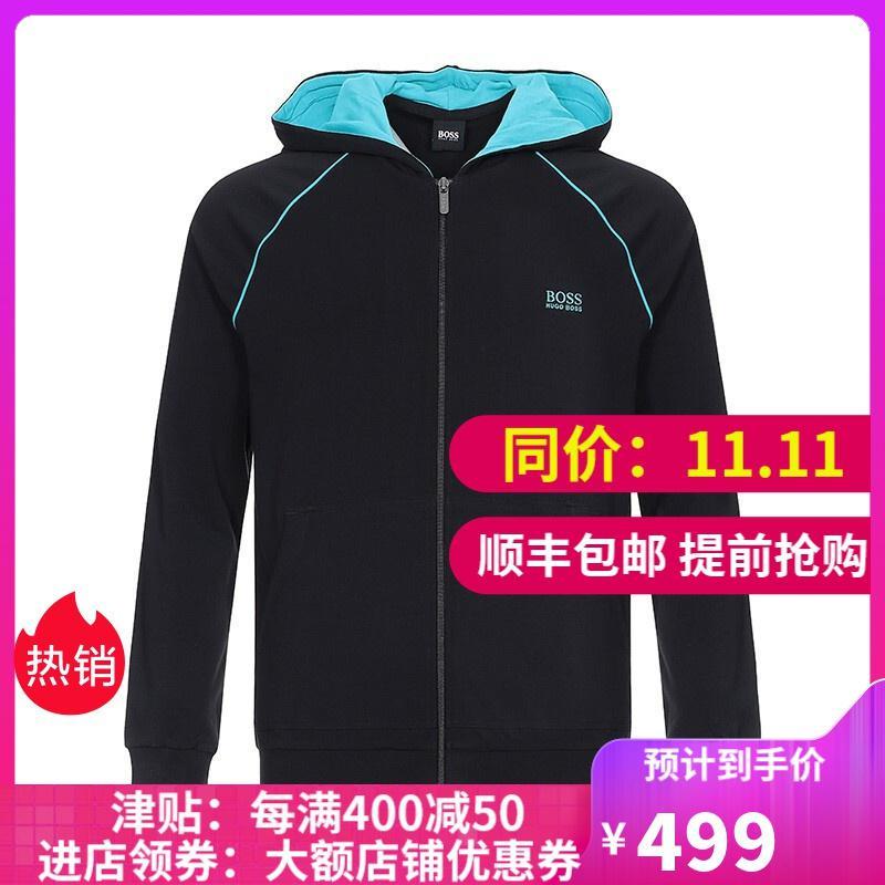 HUGO BOSS 雨果博斯 男款棉质薄款连帽运动外套上衣 50381879 005-黑色天蓝色 XXL