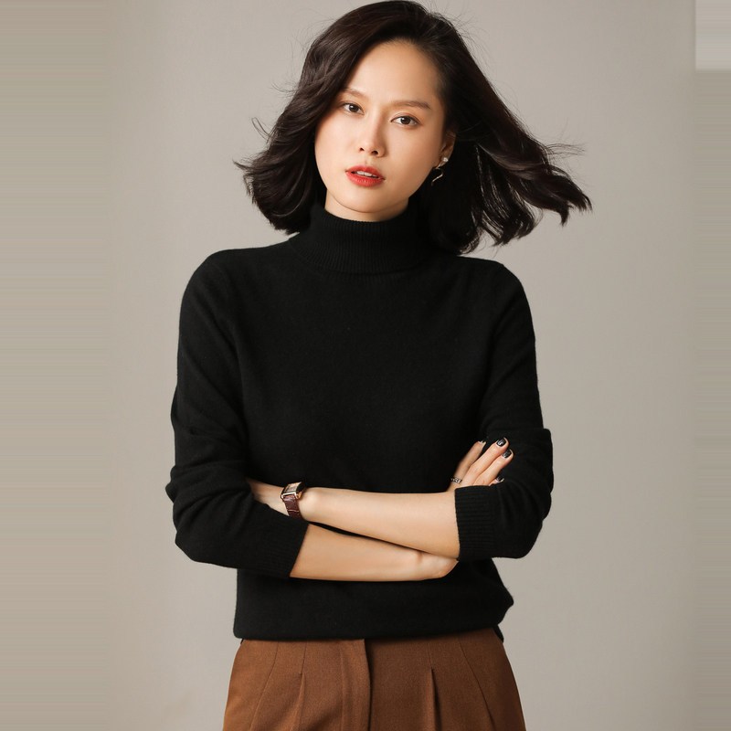 恒源祥羊绒衫女高领秋冬纯羊绒针织衫纯色两翻领毛衫打底毛衣女装_7 175/96A 黑色