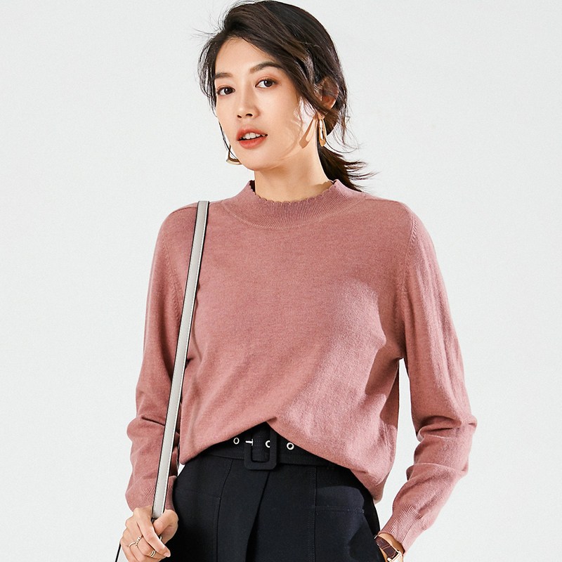 恒源祥纯色羊毛衫女半高领2019新款秋冬针织衫打底毛衣波浪边领口_1 165/88A 杂红