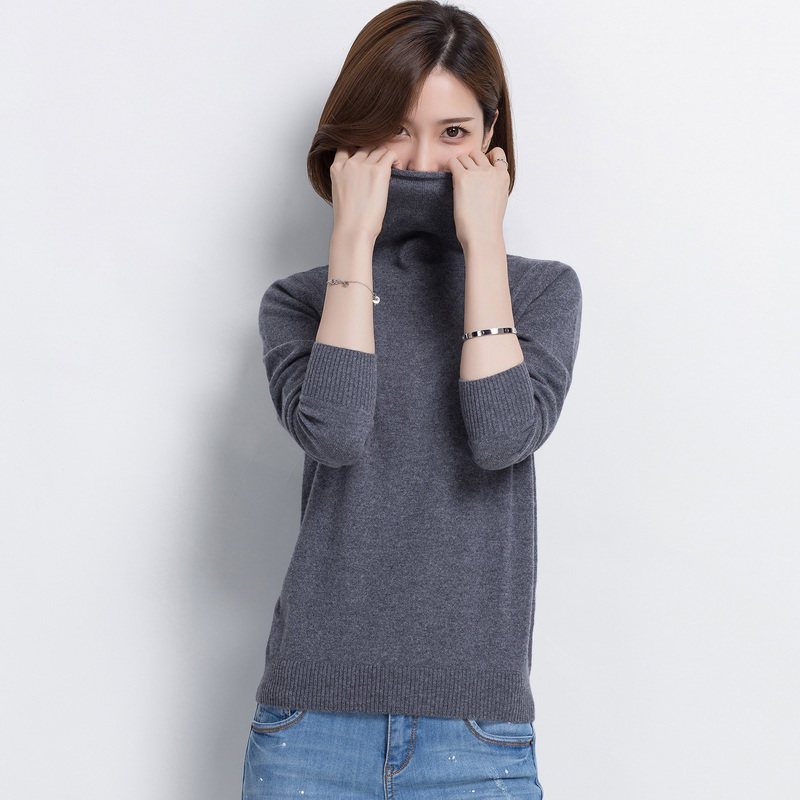 恒源祥羊绒衫女高领秋冬纯山羊绒纯色堆堆领针织衫100%纯色毛衣女_1 110/XL 深中灰