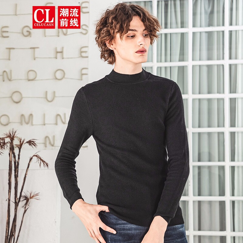 潮流前线2019冬装男款纯色简约半高领修身针织衫黑色百搭打底线衣黑色_1 XXL 默认颜色