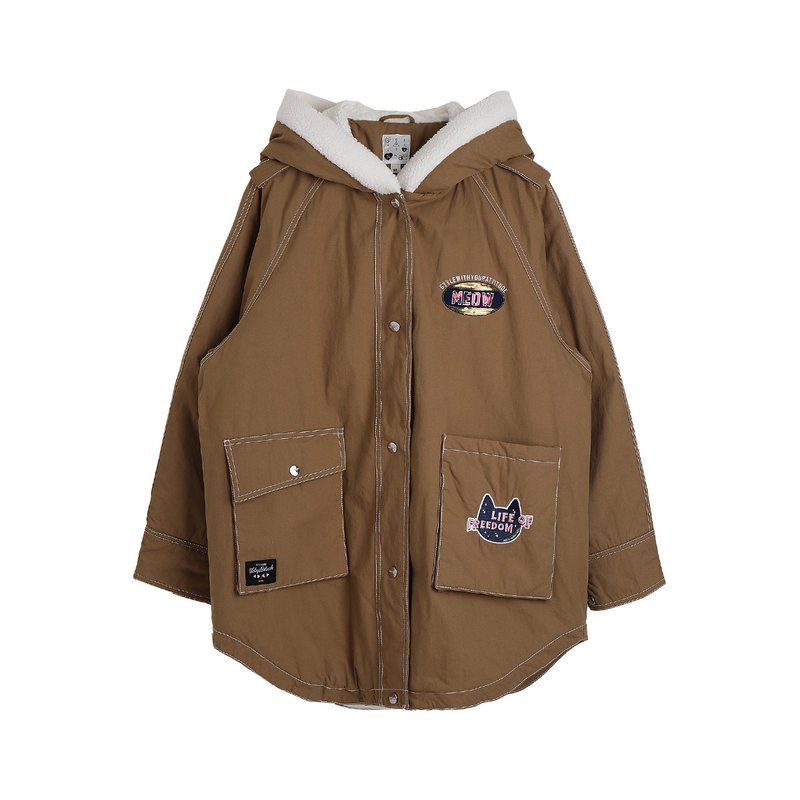 a02韩版宽松羊羔毛秋冬工装棉服连帽显瘦外套女D1T6D0191JK M 卡其
