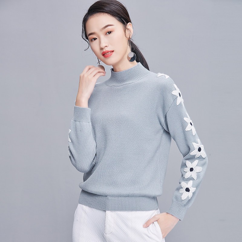 欧昵雪秋冬季立体花朵休闲宽松外穿毛衣女套头长袖针织衫 XL 暗蓝色