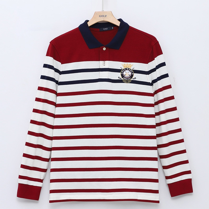 GOLF/高尔夫2019秋季新款男装条纹绣标翻领长袖T恤男士POLO衫 红色 XXL