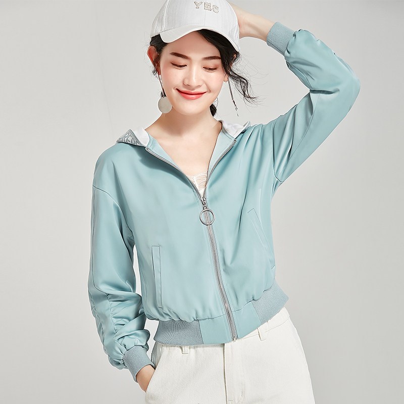 欧昵雪秋装休闲连帽长袖短款棒球服女宽松显瘦上衣外套 L 蓝色