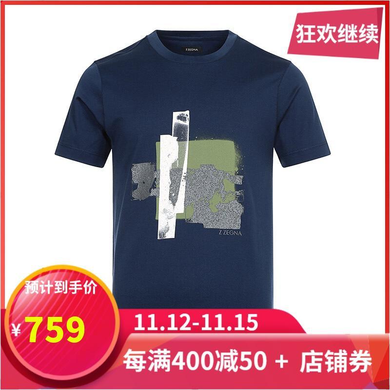 Z Zegna 杰尼亚 男款棉质圆领短袖T恤 VT372 ZZ630G 6G2-警局蓝撞色图案 L