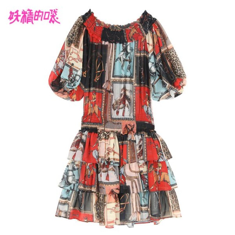 妖精的口袋一字肩性感连衣裙2019夏季新款女印花学生韩版蛋糕裙潮_1 花花世界色 L